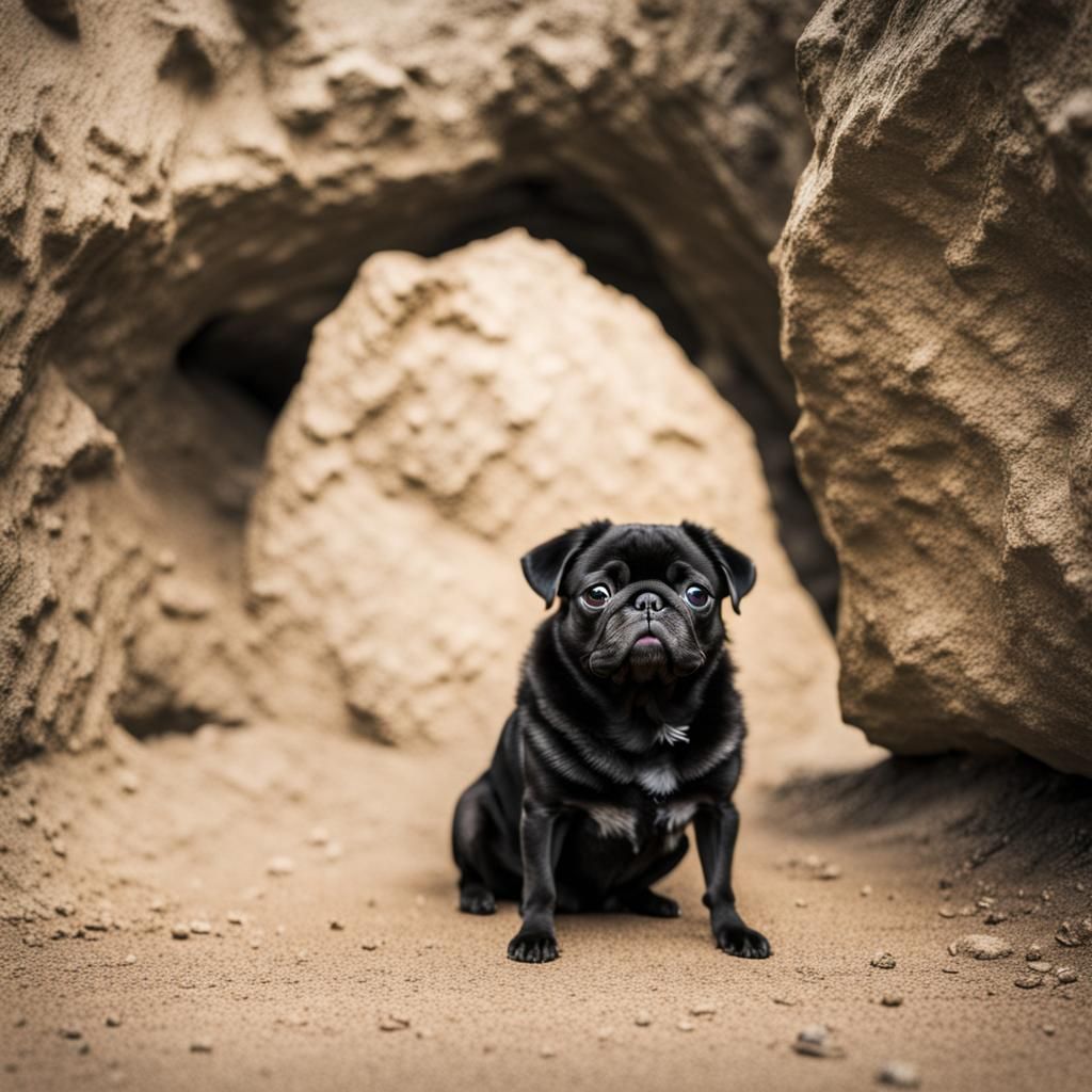 Pug Guarding a Mysterious Cave Entrance