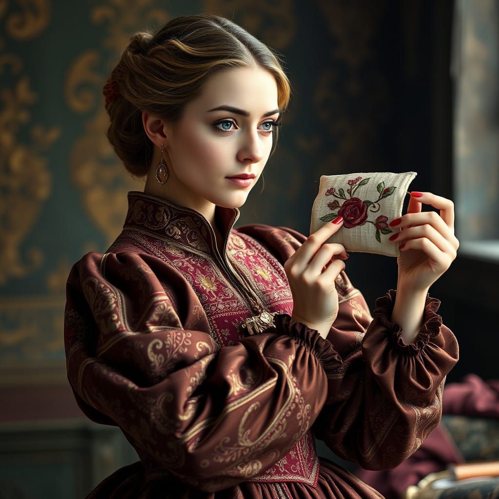 Medieval Noblewoman Embroiders Masterpiece in Luxurious Gown