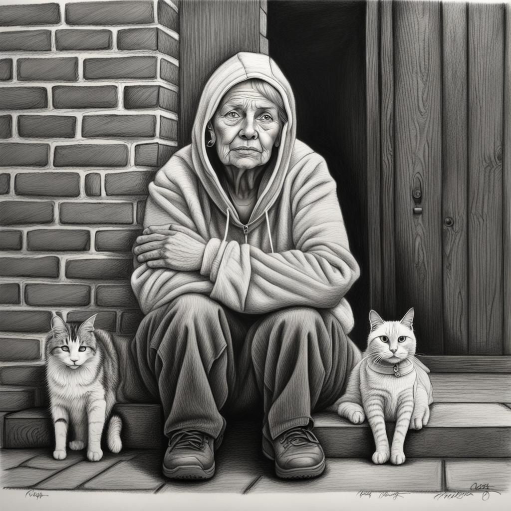 Homeless Woman with Cat: Hyperdetailed Charcoal Drawing