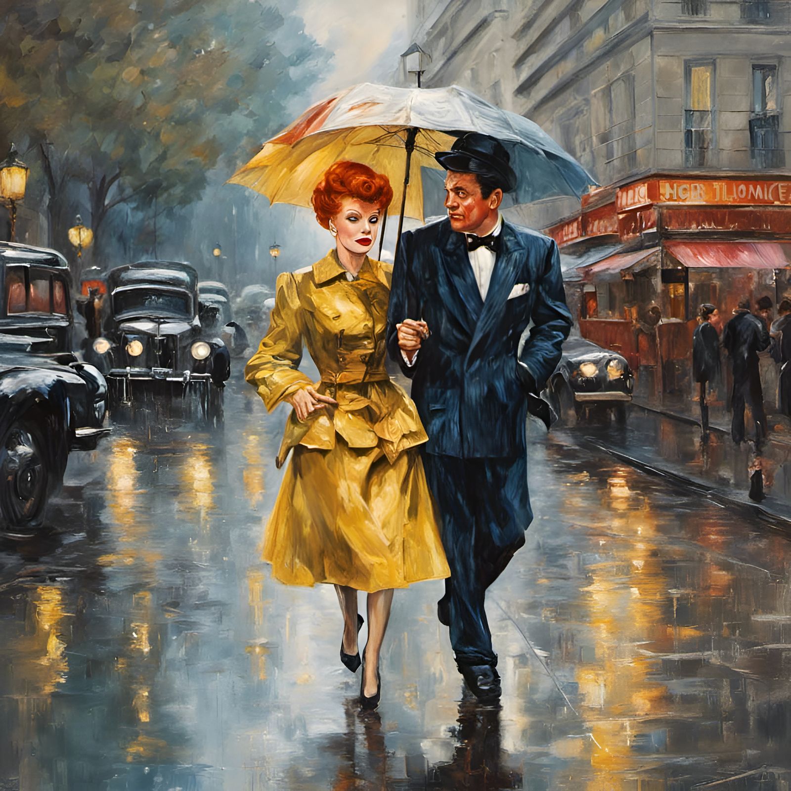 Couple in Rainy Paris: Impressionist-Inspired Art