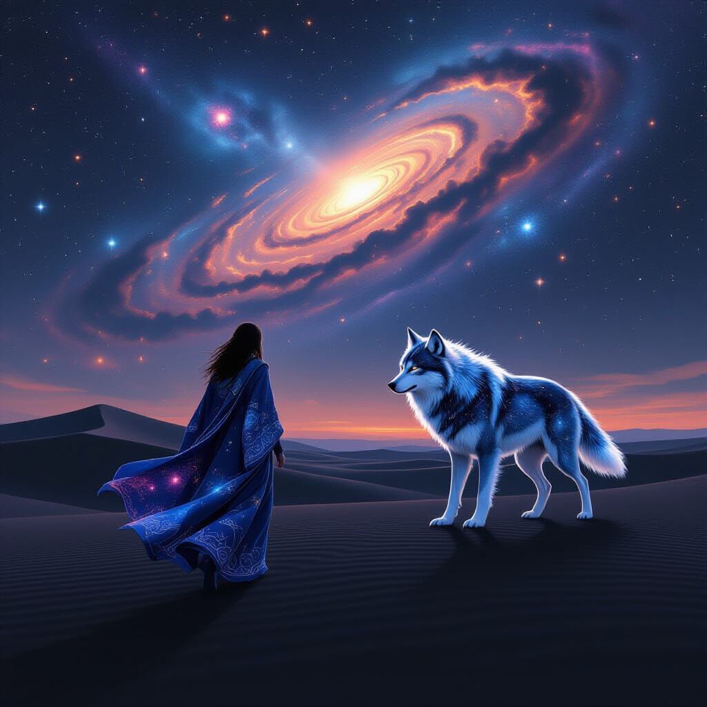 Celestial Wanderer with Wolf Spirit in Cosmic Landscape