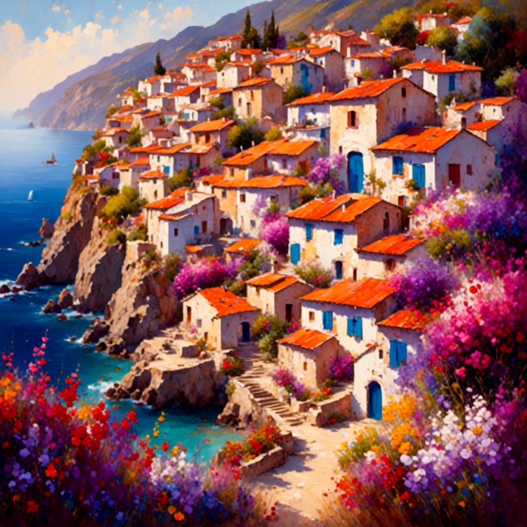 Colorful Coastal Village Painting in Impressionistic Style