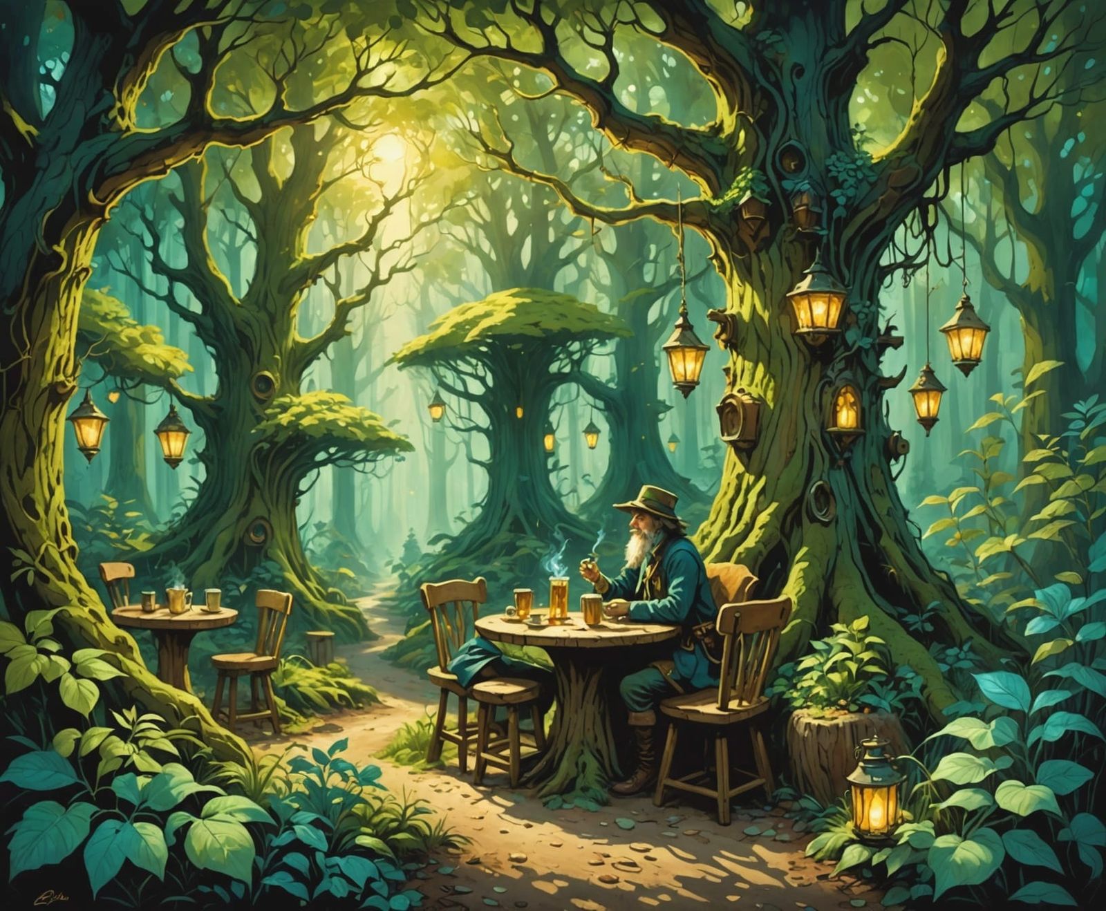 Enchanted Woodland Cafe Oil Painting With Forest Spirits