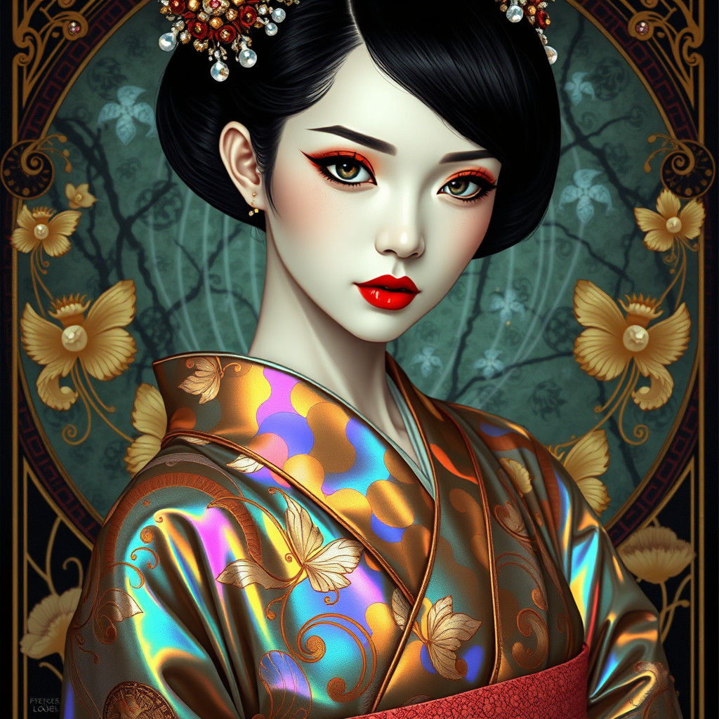 Holographic Geisha in Art Nouveau Style