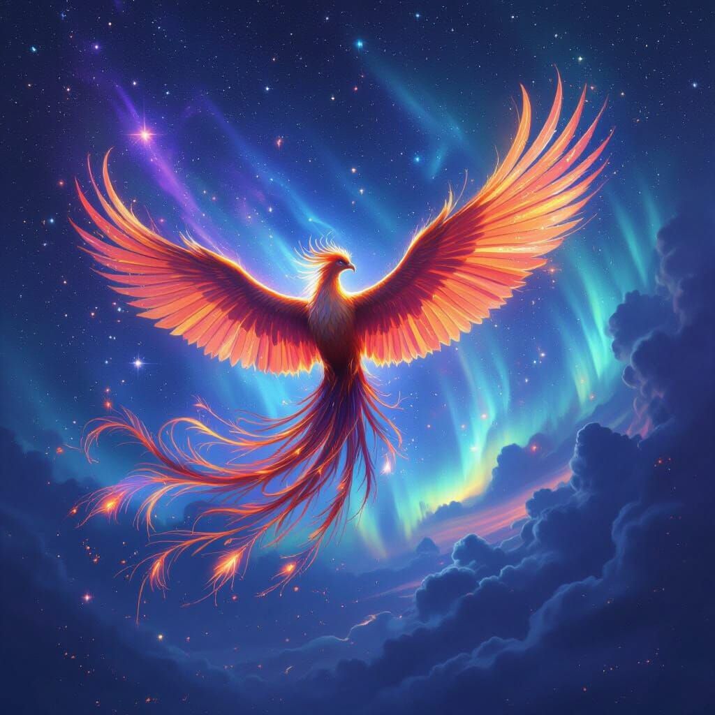 Cosmic Phoenix Soaring Through Aurora Sky