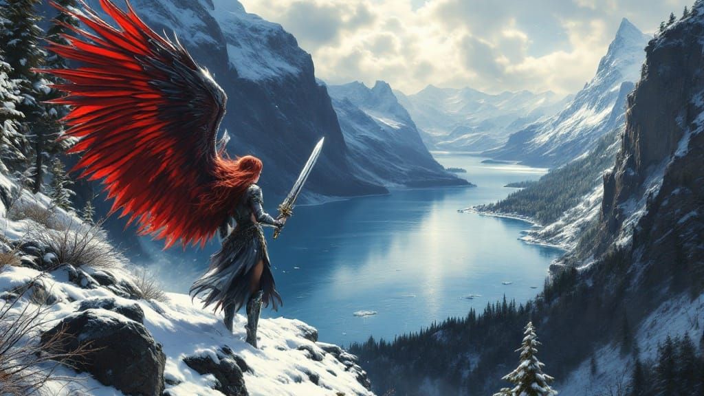 Vengeful Crimson Valkyrie Engages Frost Giant in Epic Battle