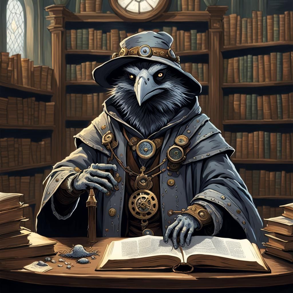 Steampunk Kenku Druid Studies in Library