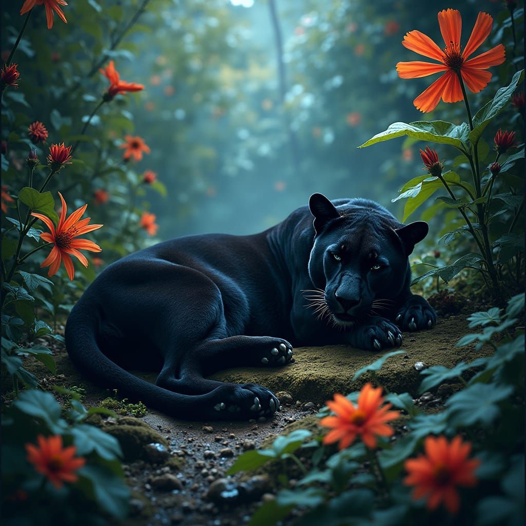 Black Panther Sleeps in Rainforest Paradise