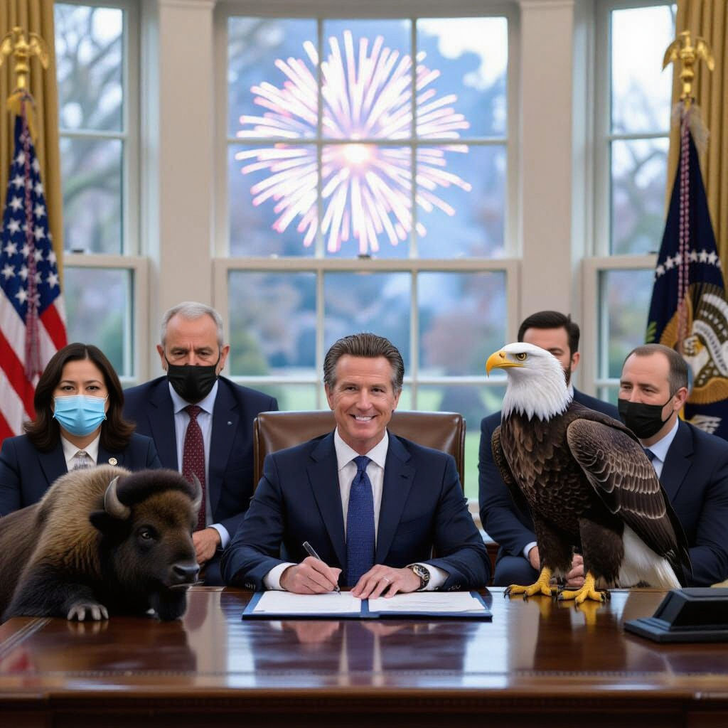 Gavin Newsom as President on Buffalo With Bald Eagle
