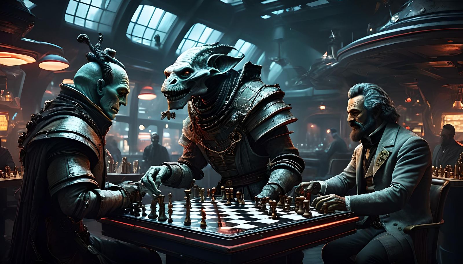 Drake Plays Chess with Alien in Futuristic Inn