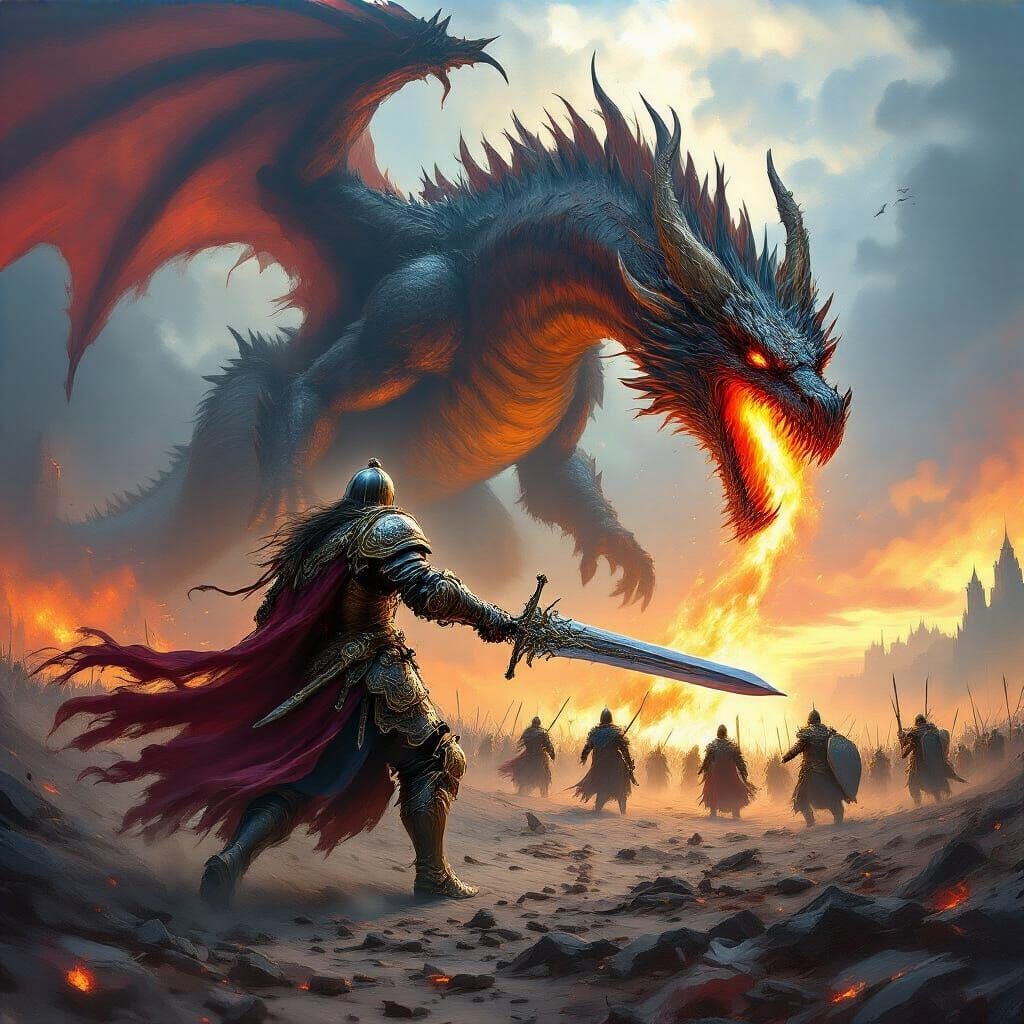Epic Digital Painting of Warrior Leading Knights Against Dra...