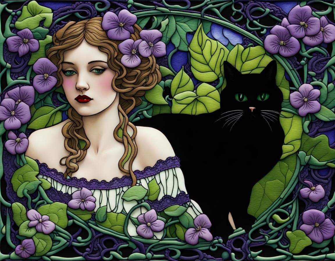 Art Nouveau Garden: Violets and Apples in Moonlight