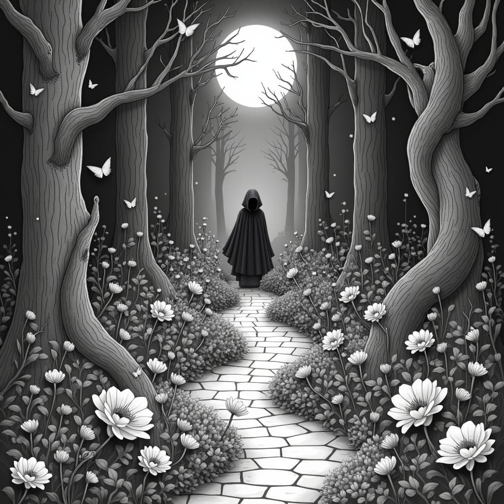 Ethereal Monochromatic Art Nouveau Fey Forest Scene