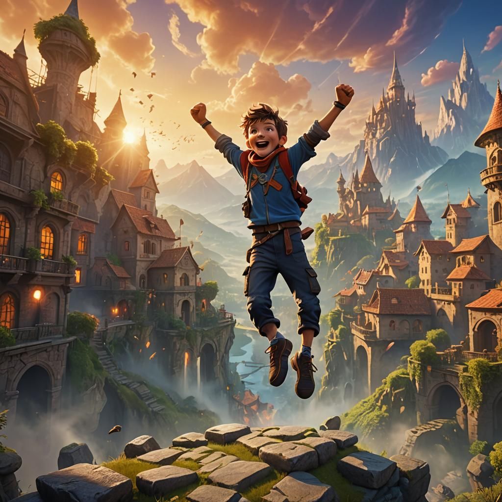 Victorious Boy in Ornate Fantasy Landscape
