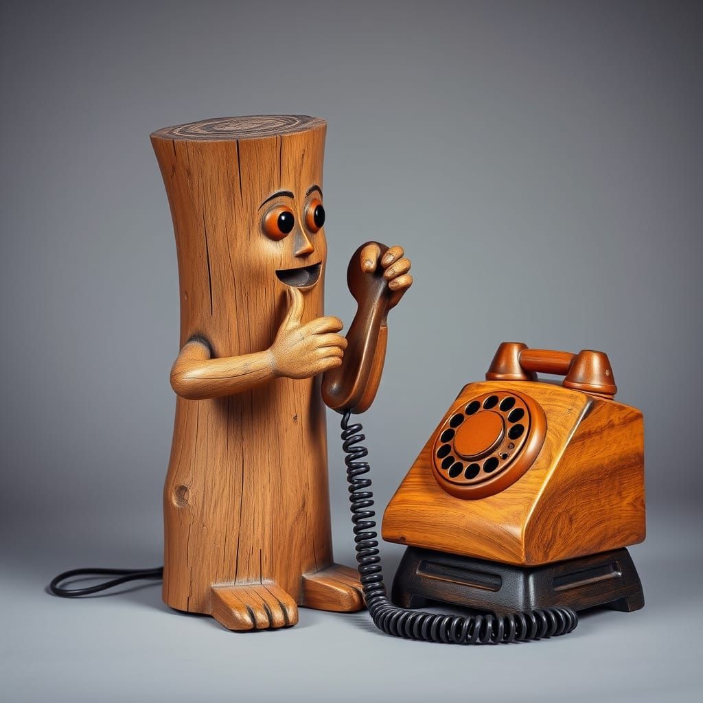 Animated Wooden Log Talking on a Rotary Phone