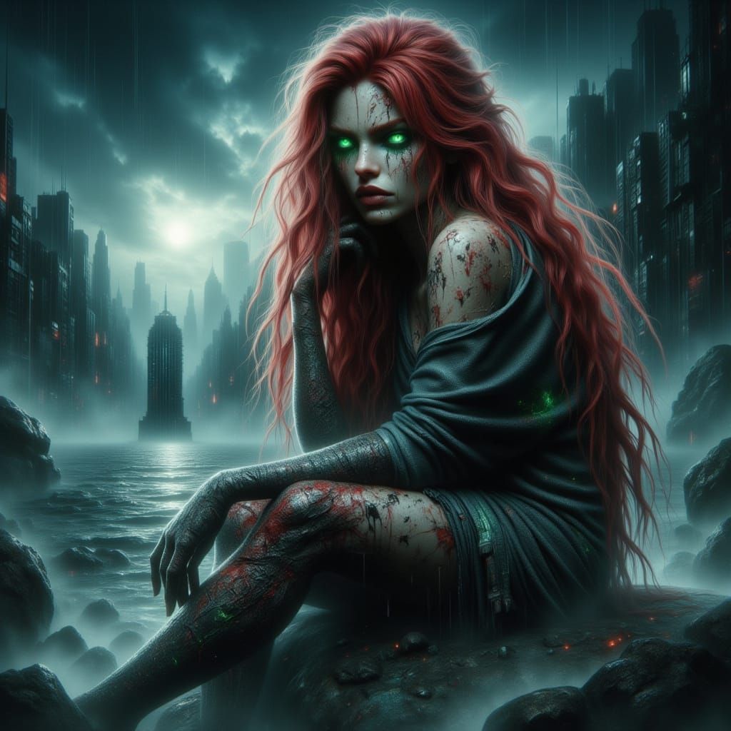 Furious Siren With Glowing Green Eyes on Ocean Boulder