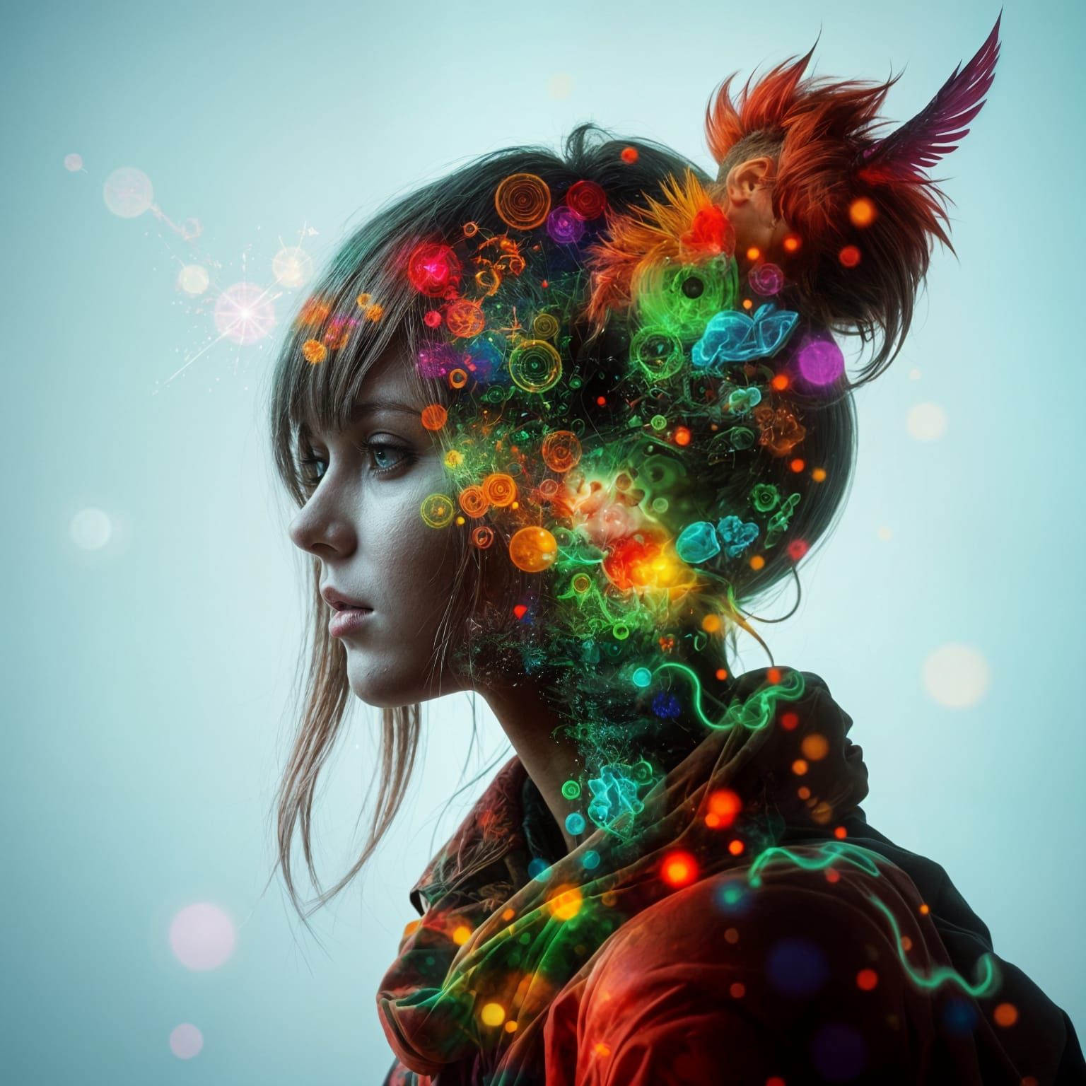 Double Exposure Fantasy Character in Vibrant Optical Illusio...