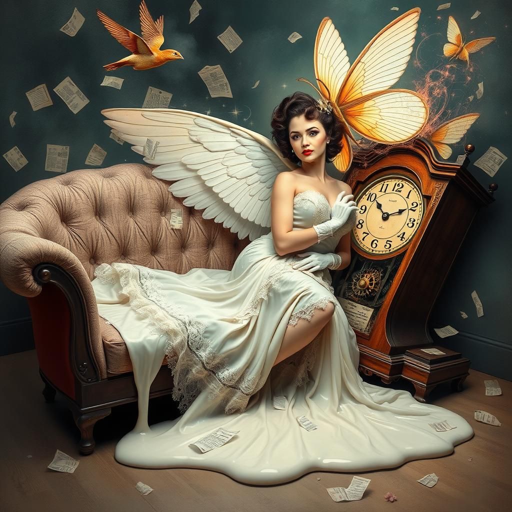 Surreal Pinup with Melting Clock in Dadaist Style