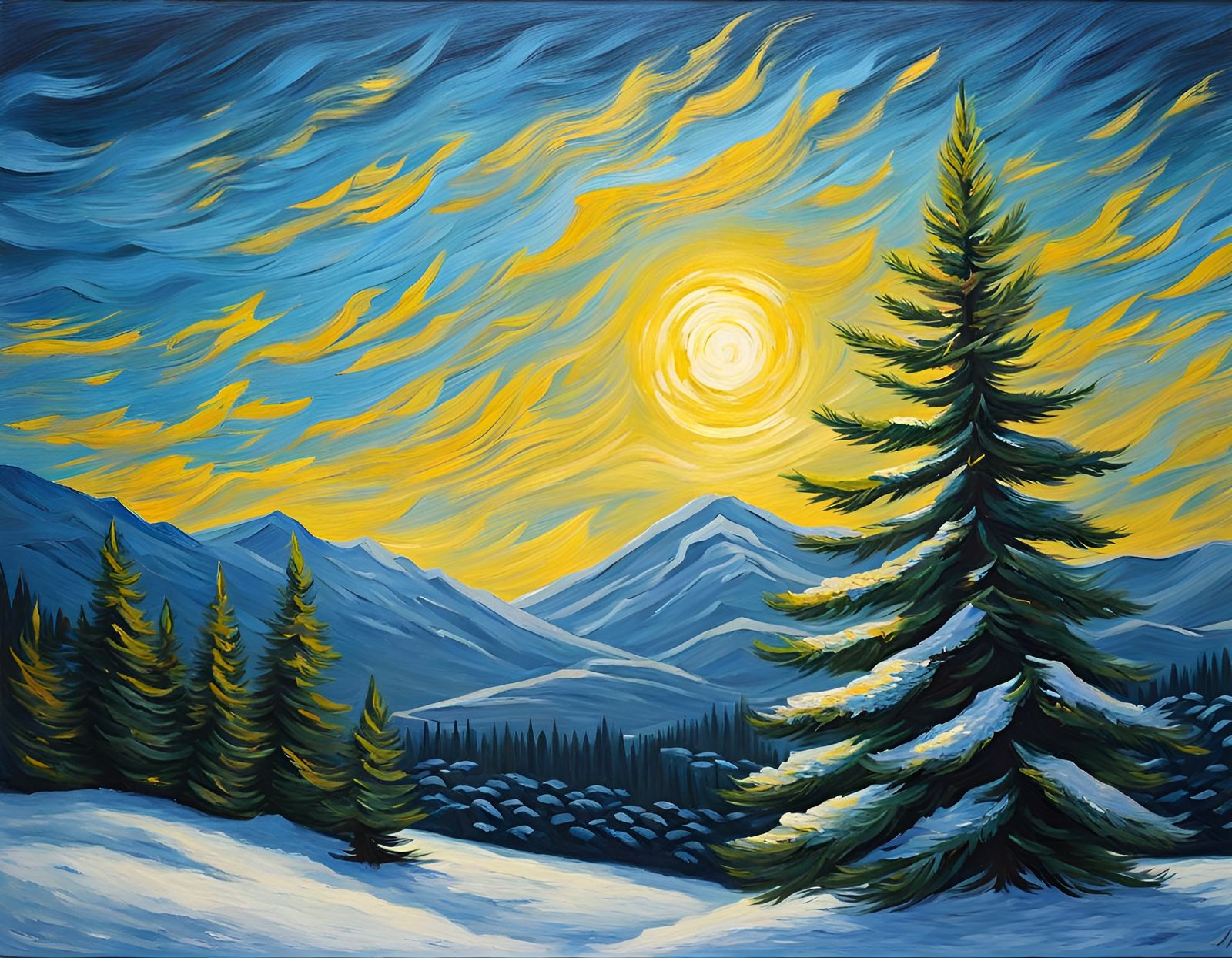 Snowy Fir Tree in Van Gogh Acrylic Style