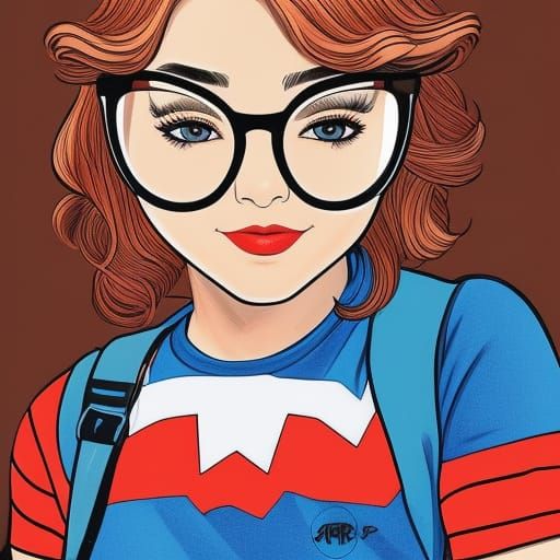 popart style, freckles, City Pop cute Nerdcore girl, marvel drawing style, line contou outline, perfect composition, bag...