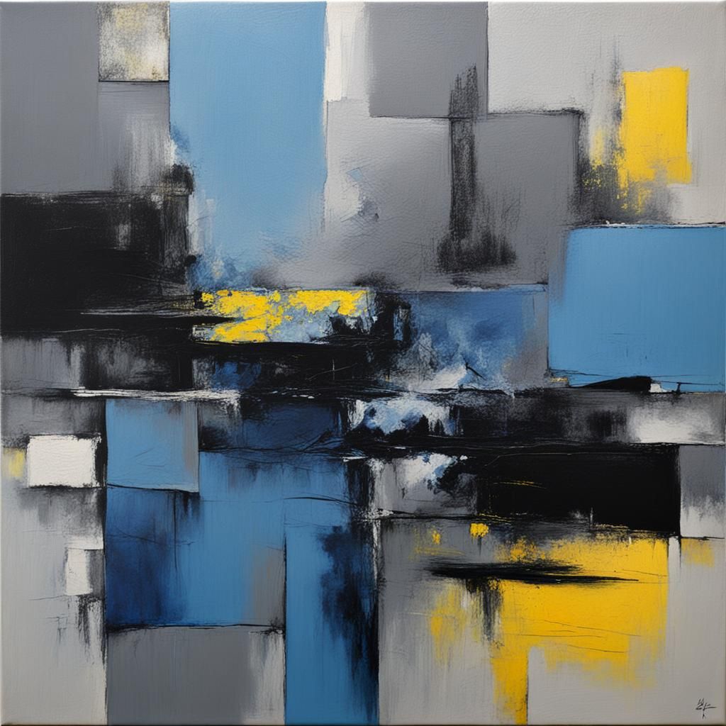 Abstract Oil Painting in Blue, Gray, and Black