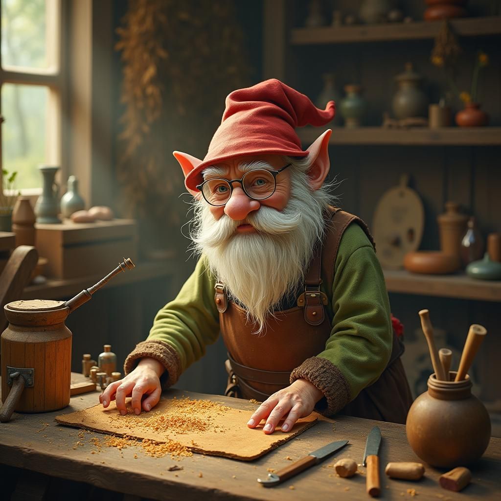 Gnome Carpenter in Enchanted Forest Workshop