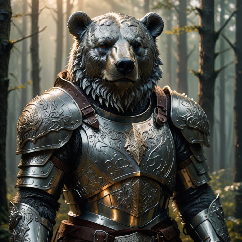 Silver Bear in Armor, High Fantasy Illustration