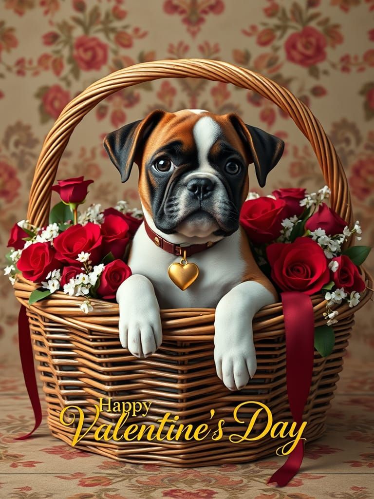 Vintage Boxer Puppy in Opulent Bed Basket with Red Roses and...