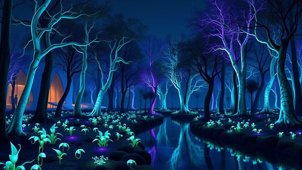 Bioluminescent Forest Architecture in Neon Style