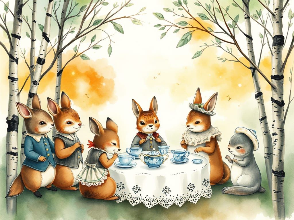 Enchanting Woodland Tea Party in Watercolor Style
