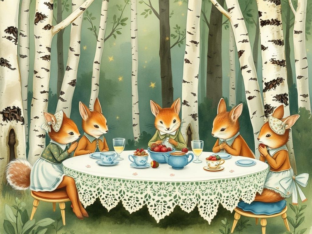 Enchanted Forest Tea Party in Watercolour Style