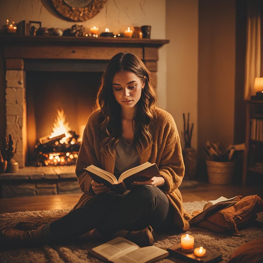 Cinematic Film Still: Woman Reading by Firelight