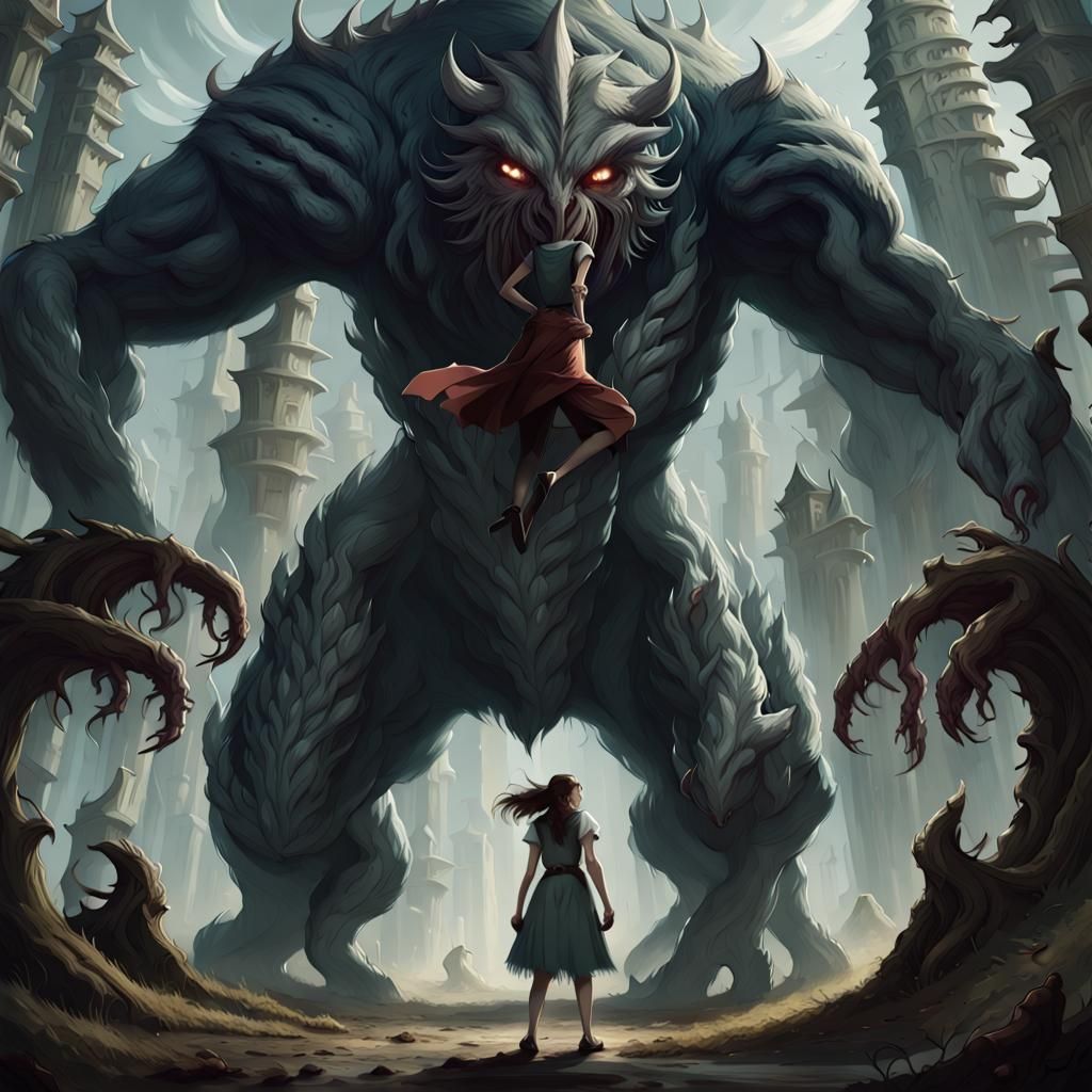 Woman Confronts Giant Monster in Grimm-Inspired Art