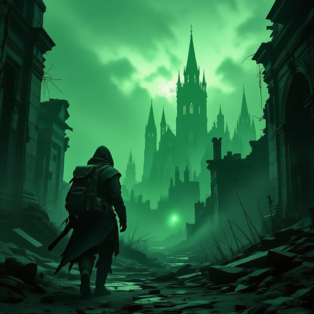 Explorer in Overgrown Gothic City Under Green Sky