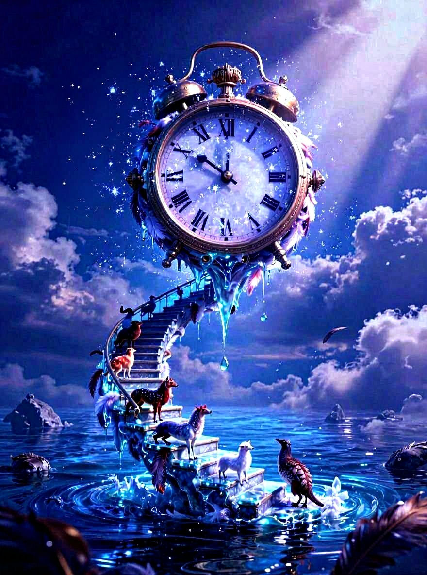 Melting Feather Clock Sky Ocean Glass Staircase