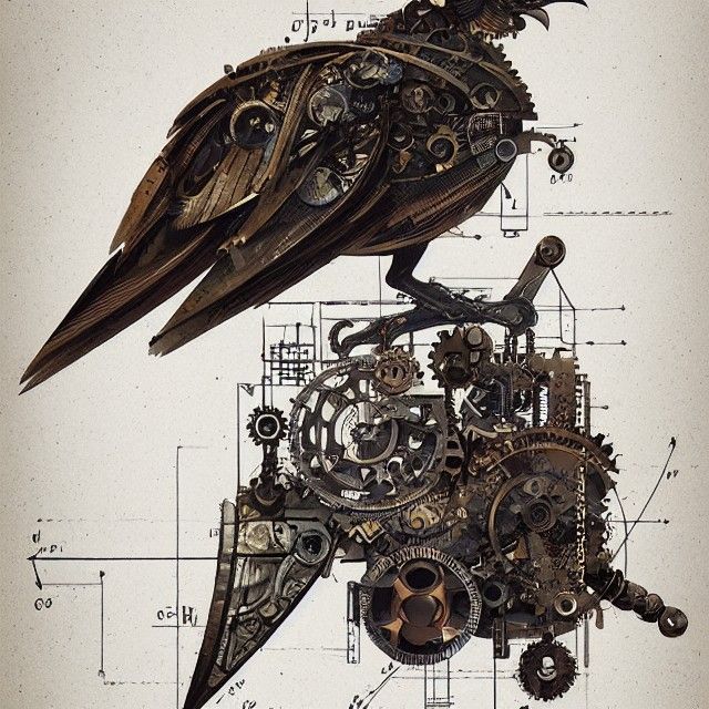 Steampunk Mechanical Bird Technical Drawing