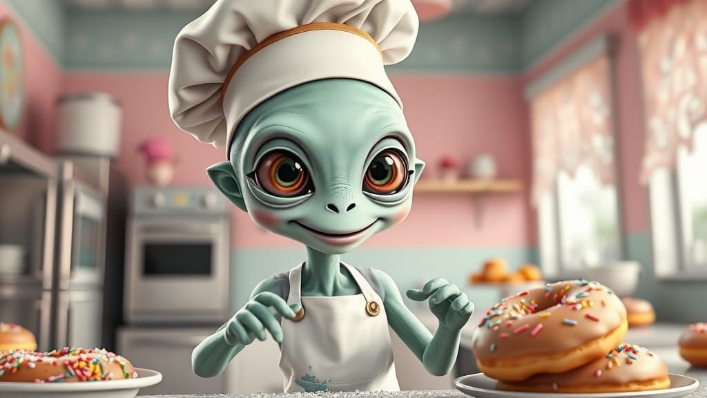 Whimsical Alien Baker in Pastel Bakery