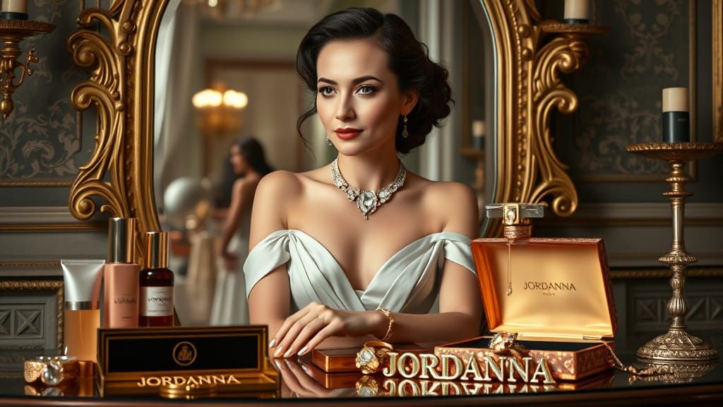 Elegant Woman Surrounded by Luxury Cosmetics in a Stunning S...