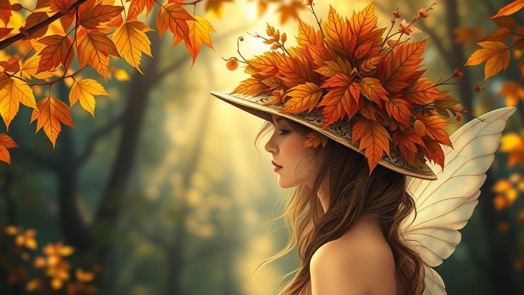 Art Nouveau Forest Nymph Wearing Autumn Leaf Hat