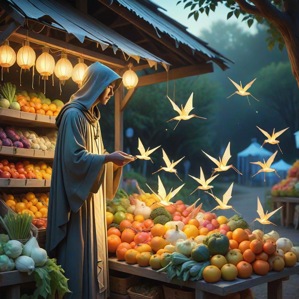 Magical Farmstand With Glowing Produce and Paper Cranes