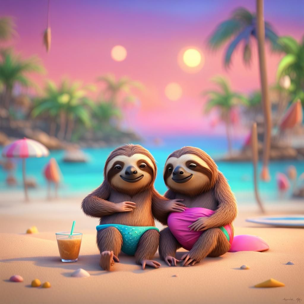 Sloths on a Beach Date in Pixar Style