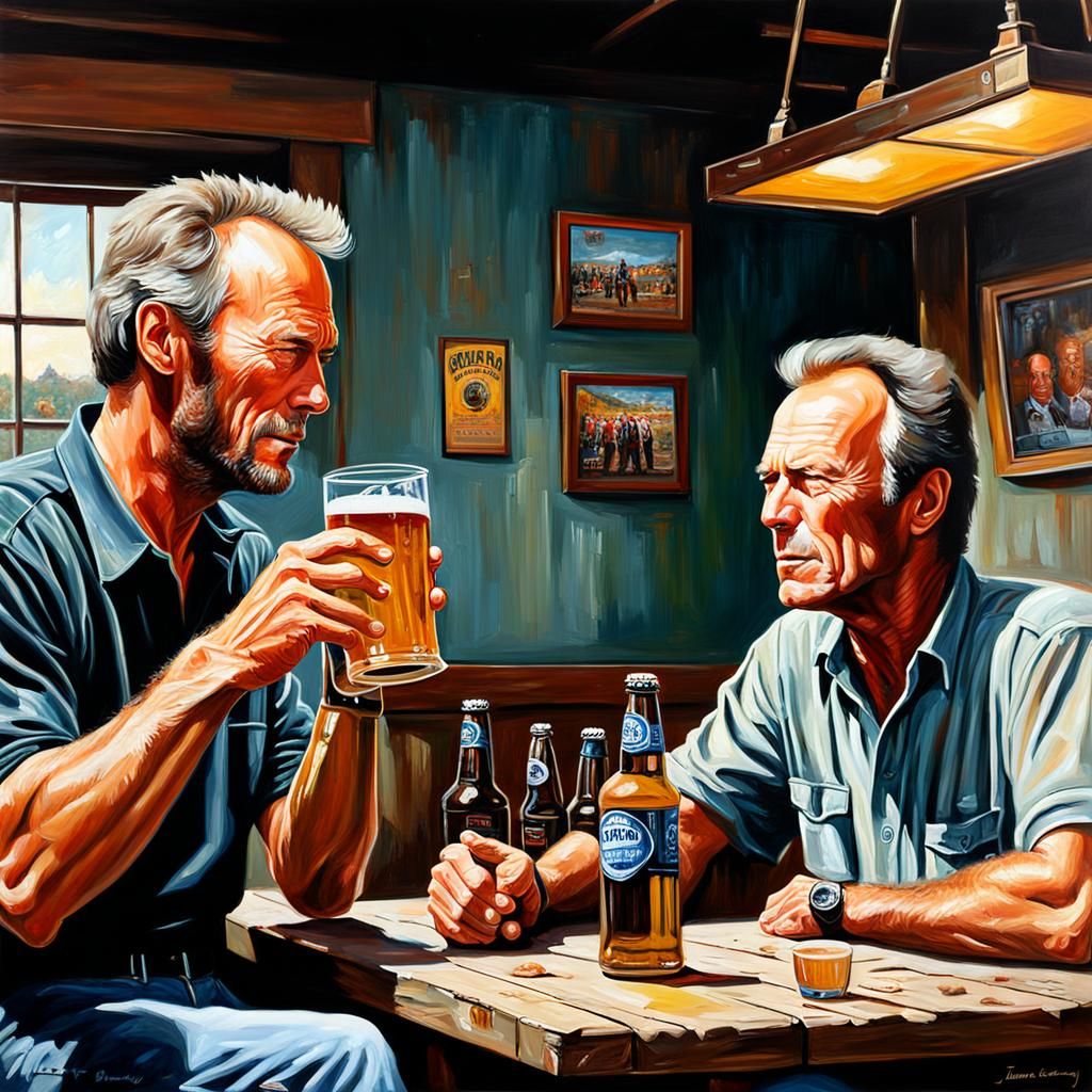 Bruce Willis And Clint Eastwood Drinking Beer oil painting b...