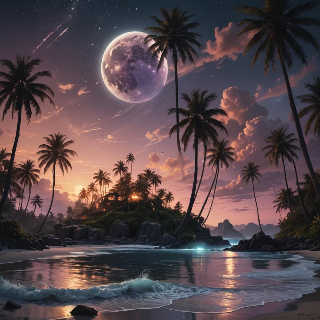 Mystical Island at Dusk in Hyperrealistic Style