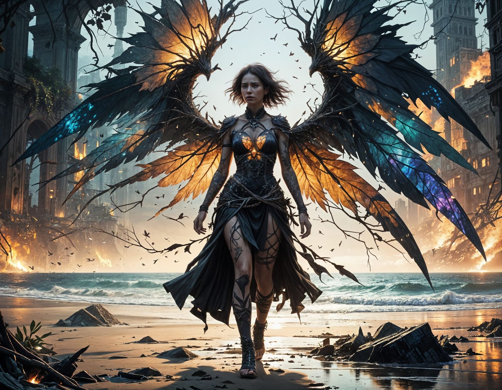 Stained Glass Wanderer in Trashpunk Landscape