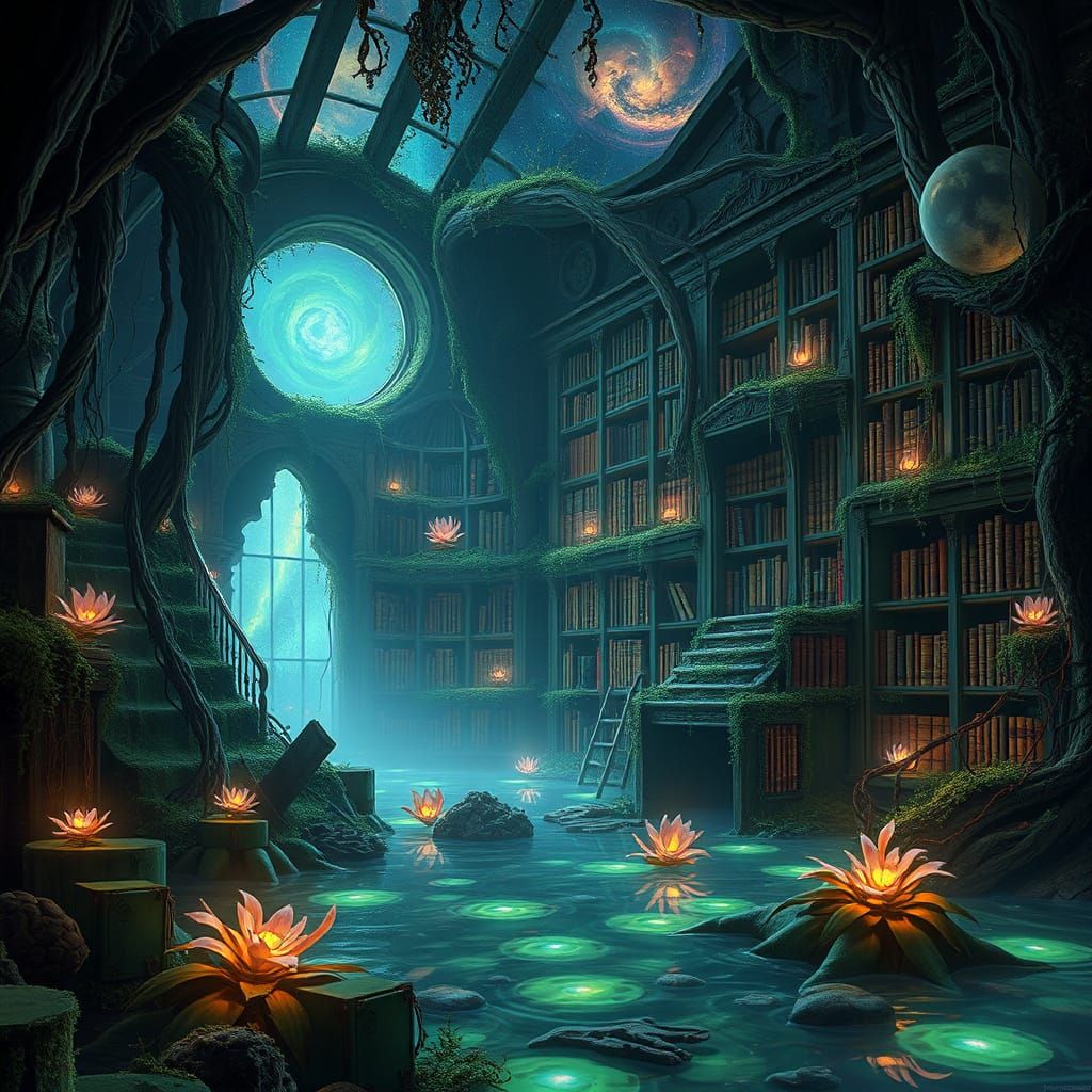 Bioluminescent Swamp Library with Ethereal Flora