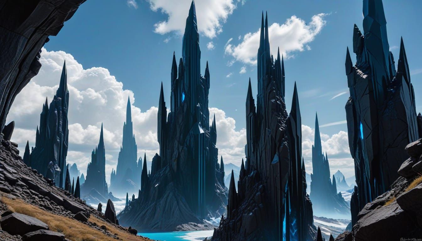 Majestic Obsidian Towers Rise into the Blue Expanse