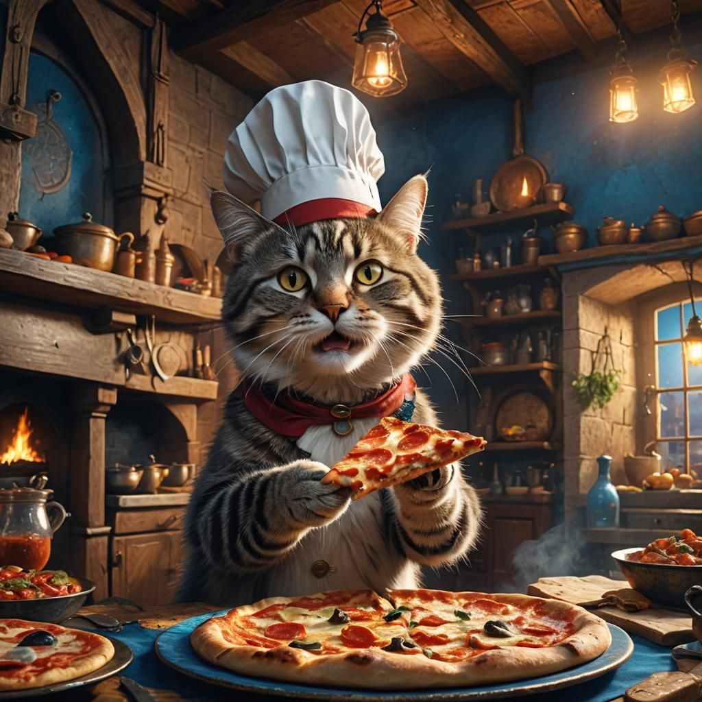 Chef Cat Enjoys Pizza: Fantasy Digital Art