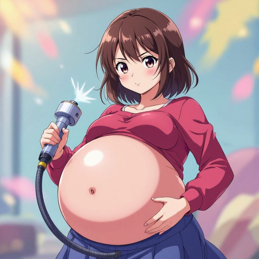 Anime Girl Inflates Belly Dramatically with Air Pump