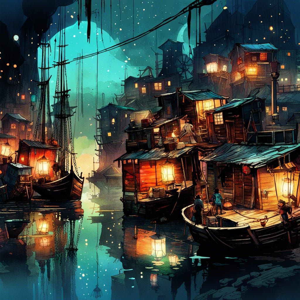 Night Harbor Shanty Town Watercolor