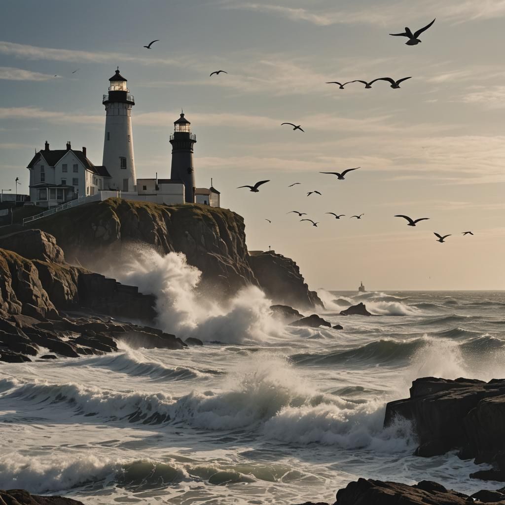 Seaside Lighthouse Silhouette on Rocky Outcrop